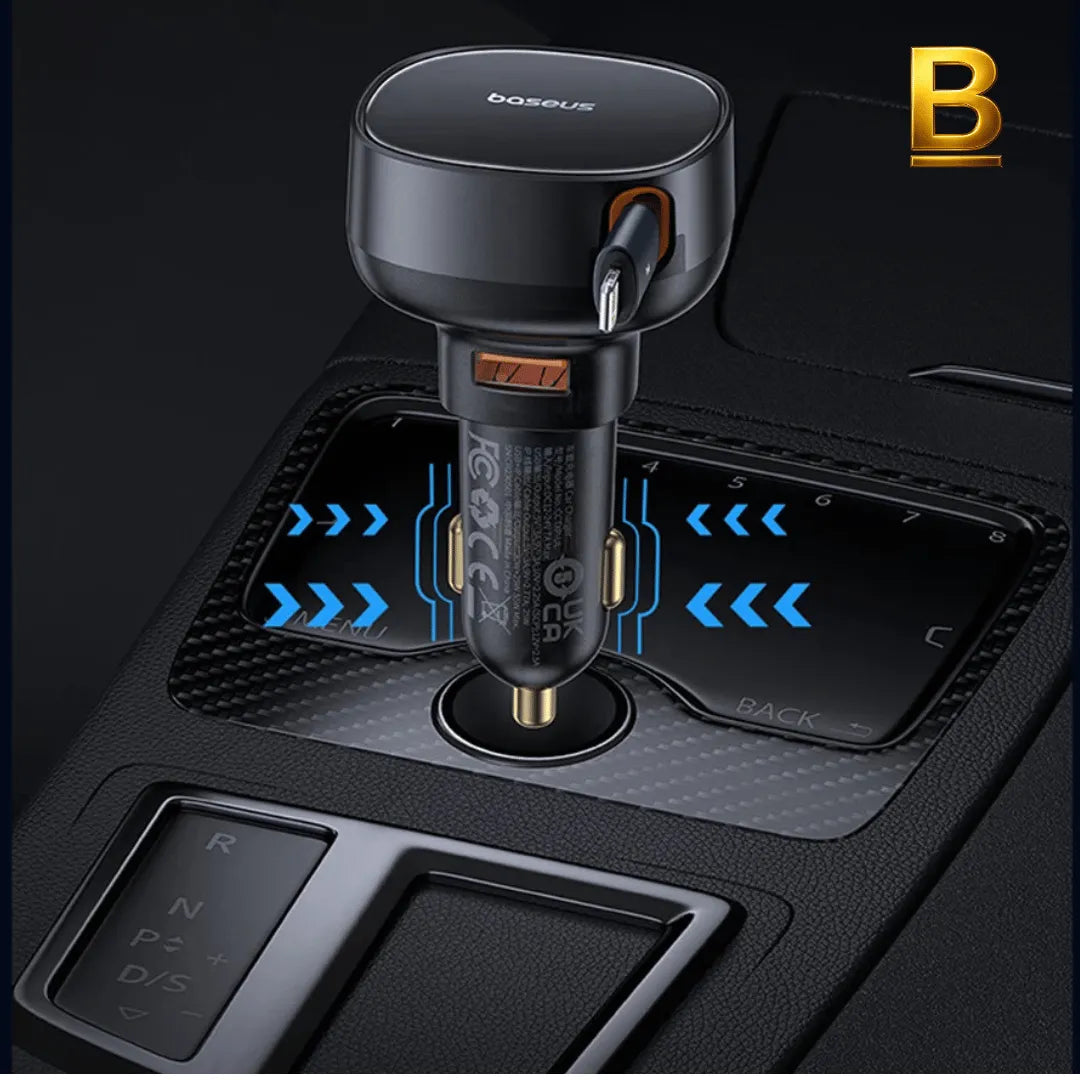 Carregador Veicular Turbo 60W com Cabo Retrátil – USB-C com PD 30W, QC 3.0 e SCP para iPhone, Samsung e Celulares Android