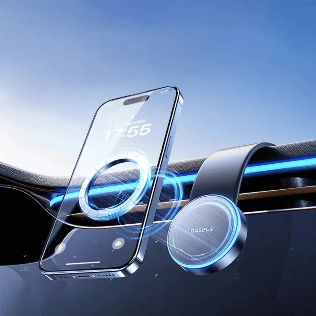Suporte Magnético Dobrável para Celular no Carro – Fixação Tripla, Magnético Forte, Design Compacto