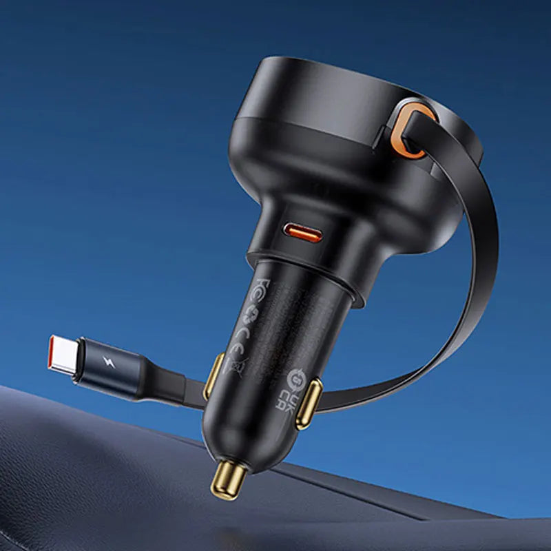 Carregador Veicular Turbo 60W com Cabo Retrátil – USB-C com PD 30W, QC 3.0 e SCP para iPhone, Samsung e Celulares Android