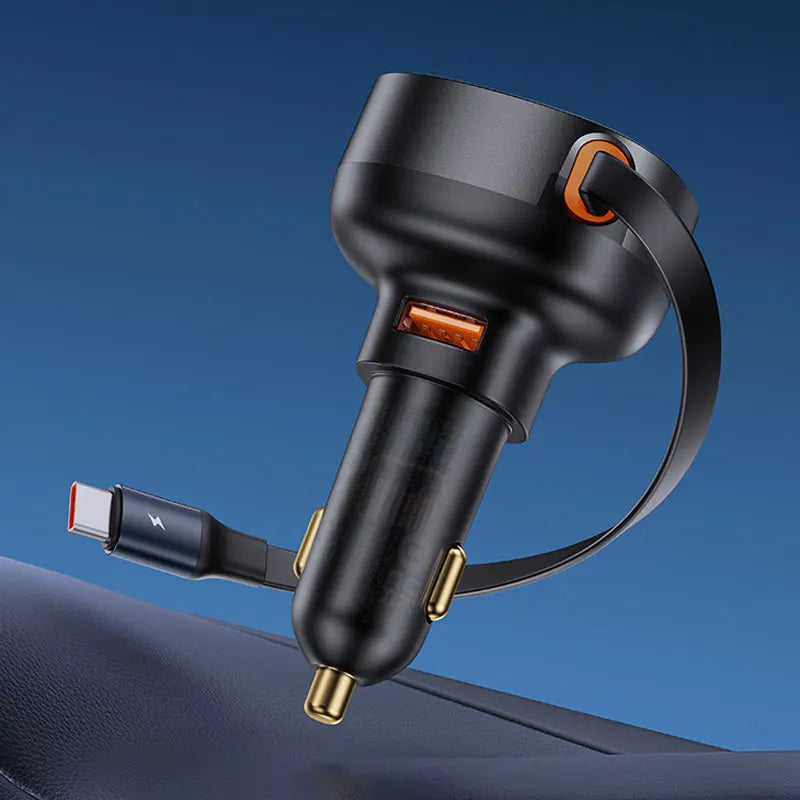 Carregador Veicular Turbo 60W com Cabo Retrátil – USB-C com PD 30W, QC 3.0 e SCP para iPhone, Samsung e Celulares Android