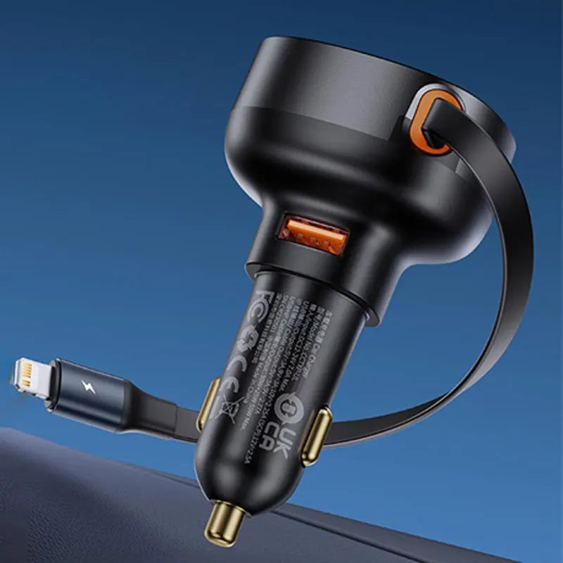 Carregador Veicular Turbo 60W com Cabo Retrátil – USB-C com PD 30W, QC 3.0 e SCP para iPhone, Samsung e Celulares Android