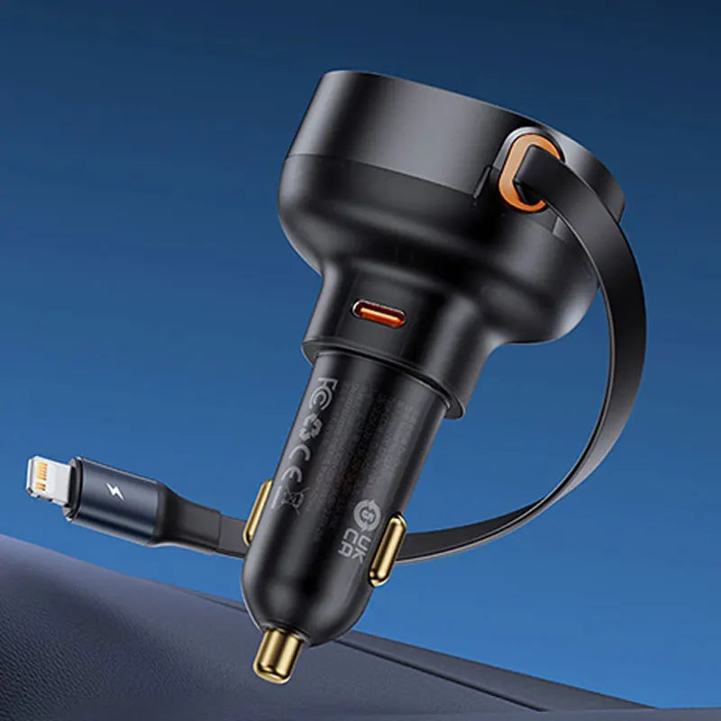 Carregador Veicular Turbo 60W com Cabo Retrátil – USB-C com PD 30W, QC 3.0 e SCP para iPhone, Samsung e Celulares Android